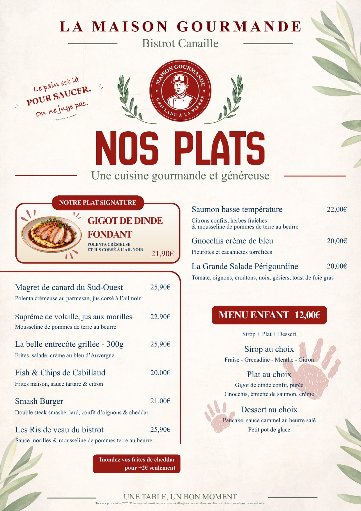 Carte La Maison Gourmande : nos plats et le menu enfant