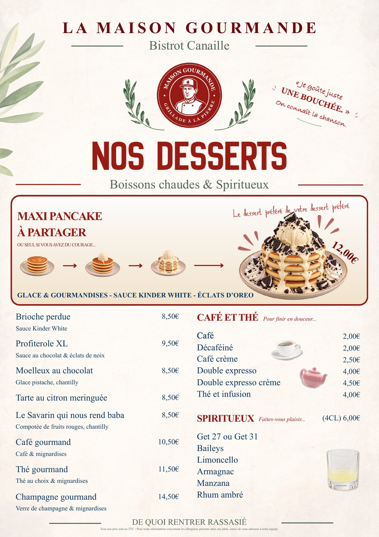 Carte La Maison Gourmande : desserts, boissons chaudes et spiritueux