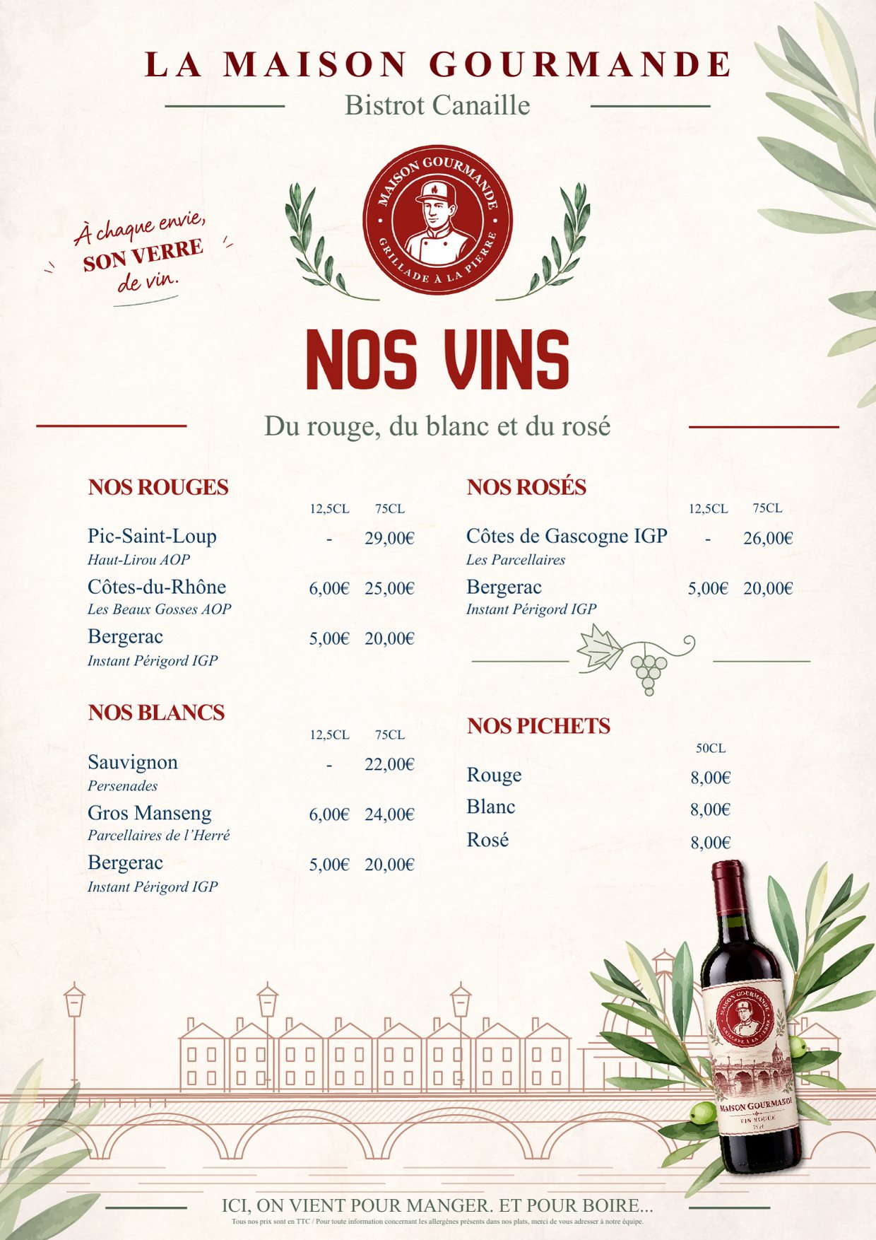 Carte des vins : rouges, blancs, rosés et pichets